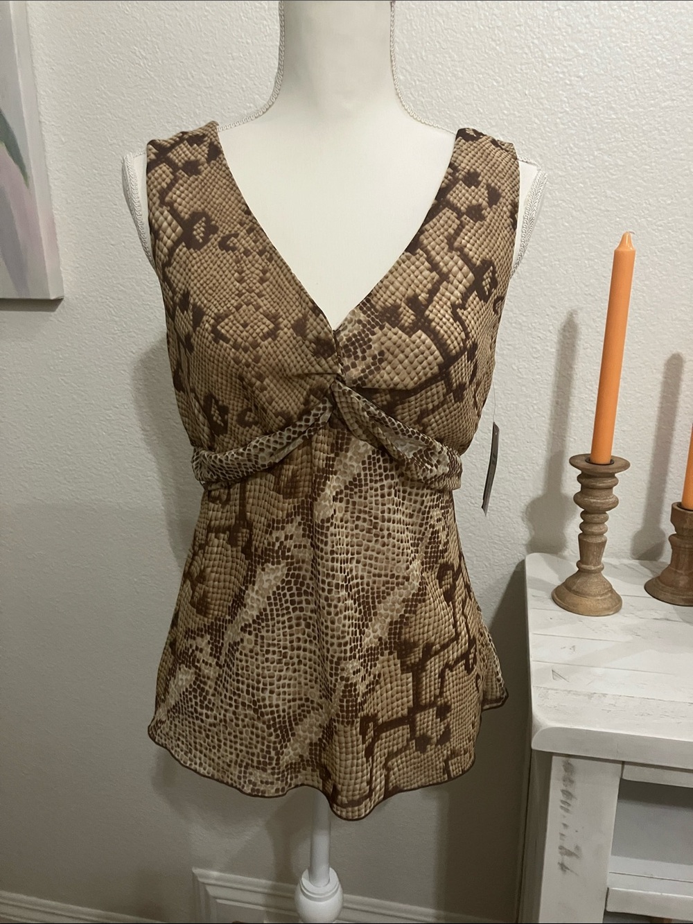 AB Studio Brown Snake-Print Twist-Front V-Neck Babydoll Top